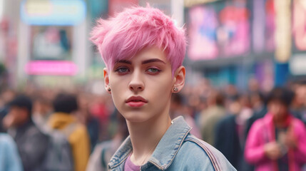 Young beautiful hipster personality with short pink hair in the city at night. The concept of a non-binary personality