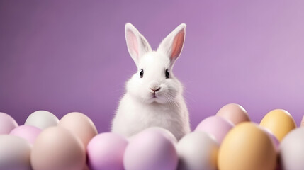 Wall Mural - White Easter bunny on purple background among eggs