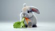 Grey Rabbit with Fresh carrot and lettuce on light gradient background. Cute fluffy bunny. Easter concept. Ideal for pet food advertisements, educational content, veterinary or animal care promotions.