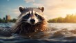 Raccoon in water, showcasing wildlife in action amidst splashes, in a bright, clear setting. Suitable for wildlife photography, conservation awareness, or as study material for biology and zoology.