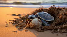 A Newly Hatched Sea Turtle Taking Action To Reach The Sea