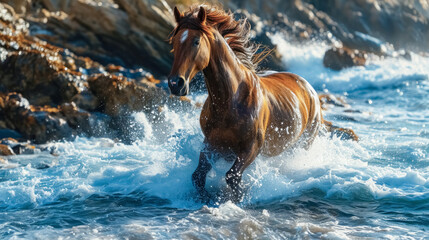 Wall Mural - Herd of horses running on the sea shore at sunset in summer.  Horses in the water. 