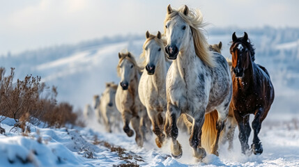 Wall Mural - Horses run gallop in winter forest. Beautiful white horses in snow. 