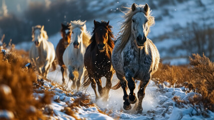 Wall Mural - Horses run gallop in winter forest. Beautiful white horses in snow. 