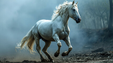 Wall Mural - White horse with long mane running in foggy forest. Side view. Beautiful white stallion running in the smoke on a background of blue sky
