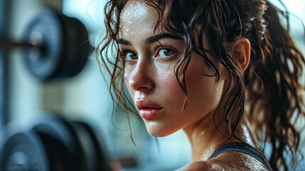 Close-up portrait of beautiful young woman with wet hair and sweat, lifting dumbbells in the gym
