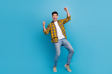 Sticker - Full body length photo of young businessman lucky win competition with another business celebrate victory isolated on blue color background