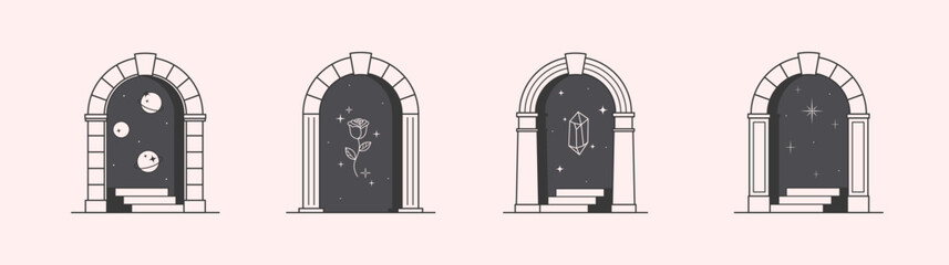 Wall Mural - Vector mystic logo design templates with portal,steps,planets,outer space,stars,rose and gem.Surreal abstract illustrations in trendy minimal outline style.Celestial emblems.Branding design templates.