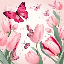 Beautiful Delicate Floral Composition With Pink Tulips And Fluttering Butterflies. Greeting Holiday Card With Flowers