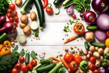 Fototapeta Kuchnia - Сomposition of fresh vegetables on white wooden table. Assortment of vegetables, potatoes, cucumbers, carrots, onions, cabbage, zucchini, tomatoes, beet, pepper. Concept of healthy eating, copy space