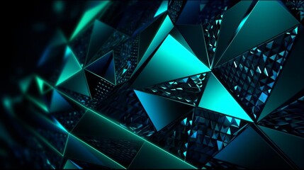 Wall Mural - Black dark blue green teal cyan petrol jade abstract background. Geometric shape. 3d effect. Line triangle angle polygon wave. Color gradient. Light glow neon flash metal metallic. Design. Futuristic.