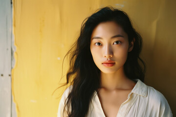 portrait headshot of a young asian/korean/japanese woman with long dark hair clean natural skin for commercial skincare beauty with natural light background portra magazine editorial film look