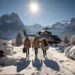 Familia joven adinerada por subir a un helicoptero en la montaña nevada. Generado con tecnología IA