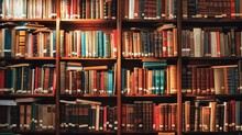 Shelves In A Library Of A School Full With Books For Reading And Studying. Wallpaper Background. 16:9 Generative AI