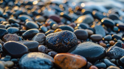 small wet stones and pebbles laying on the beach at a sea ocean. tourism and travel at coast. wallpaper background. Generative AI