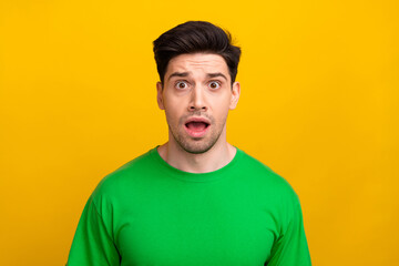 Sticker - Portrait photo of young amazed funny man breaking news stressed when he realized lost his wallet isolated on yellow color background