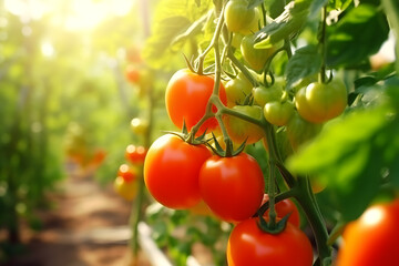 Wall Mural - tomatoes in a garden, fruit on a tree, close-up with selective focus.