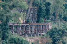 The Historic Death Railway Line Along The Cliff,  Railway Between Ban Pong, Thailand And Thanbyuzayat, Burma, The Rail Line Was Built Along The Khwae Noi (Kwai River) Valley, Kanchanaburi, Thailand.