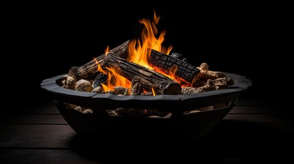 A fire pit with logs and flames on a black background. Fire flames on black background. For art work design, banner or backdrop. Flames against a black background. Fire concept. dangerous concept. Art