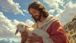 a cartoon of jesus holding a lamb, light pink and light beige, 