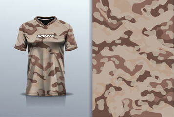 T-shirt mockup with abstract camouflage pattern jersey design for football, soccer, racing, esports, running, in brown color