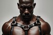 © Serge's AI Art - A detailed close-up of a rugged african-american man in a stylish black leather harness, posed against a minimalist white studio backdrop