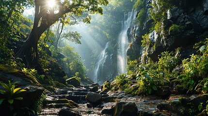 Canvas Print - Beautiful natural waterfall view, located in hiding