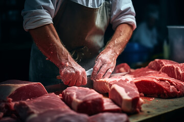 Wall Mural - Butcher man preparing fresh butcher's meat