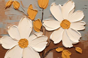 a painting inlcudes a group of white flowers on a Light Gray background , in the style of yellow and beige, close up, outdoor art, colorful woodcarvings, mark arian, two dimensional, close-up