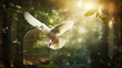 White dove flying out of an open cage into the forest with sunlight filtering through leaves.
