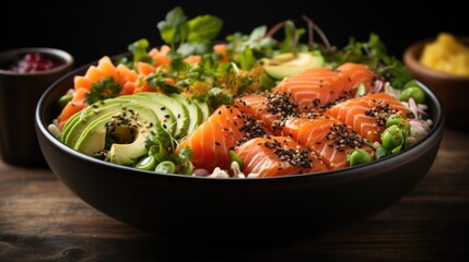 Wall Mural - A bowl of salmon, avocado, and lettuce. Poke bowl with salmon and vegetables on rice.