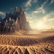 Extraterrestrial desert with sand dunes shaped like crystalline structures.