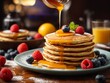 Delicious American pancakes, fluffy, golden-brown discs of breakfast heaven, pillowy texture, sweetness, and topping