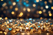 Gold and silver heart shapes scattered on the surface, valentine bokeh background, generative AI