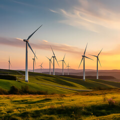  Group of wind turbines generating energy in a field at twilight.