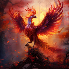 Poster - Majestic phoenix perched on a fiery branch in a fantastical forest.