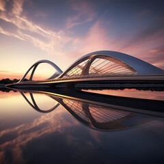 Sticker - Modern bridge with sleek design and reflections in a still river.