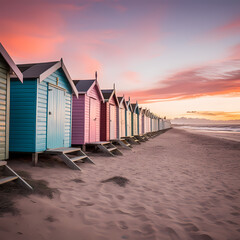 Wall Mural - Row of beach huts in pastel colors lining a sandy shore at sunset.