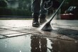 Cleaning concrete driveway with high-pressure water. Maintenance and household chores idea. Generative AI