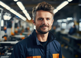 Poster - A slightly smiling male CNC machine operator in a bright modern factory. Generative AI.