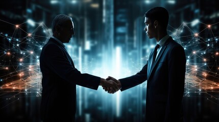 Wall Mural - Two business people shaking hands with different digital technology symbols on top of a background. Generative AI.