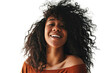 Studio portrait of a beautiful African American woman with clean healthy skin and long shaggy hairstyle smiling and cheerful isolated on transparent png background.