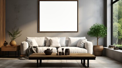 Mockup of a living room with an empty frame, created with AI generative technology