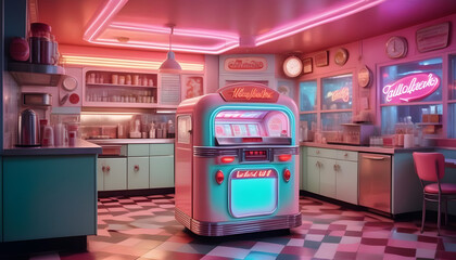 Wall Mural - Kitchen from the 1950s with holographic soda jerk, telepathic appliances, jukebox ai generation