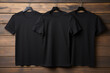 3 black t shirts on wood background. Generative ai.
