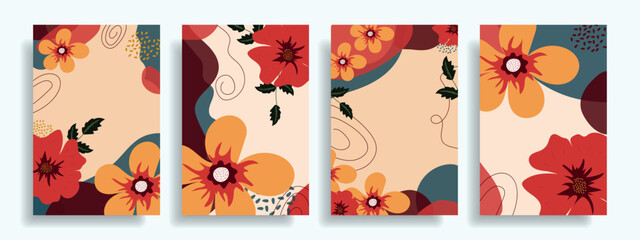 Modern set of abstract covers with flowers, minimal cover design. Colorful geometric background.