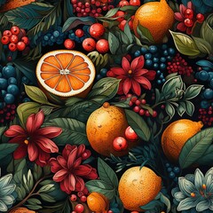Wall Mural - seamless pattern with oranges, berries and leaves