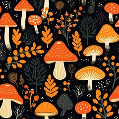 Wall Mural - seamless pattern with mushrooms and autumn leaves
