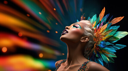 Wall Mural - An elegant model wearing an artistic makeup with a colorful feathered headdress against a vibrant background.