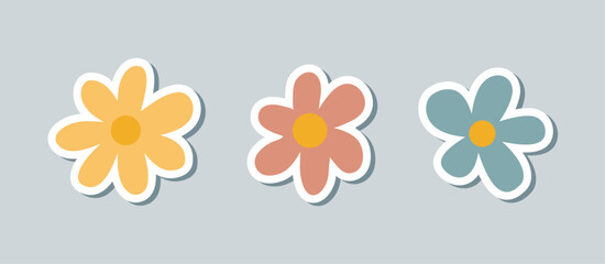 Hippy groovy daisy flowers sticker set. Colorful pastel color spring doodle collection. Isolated vector illustration